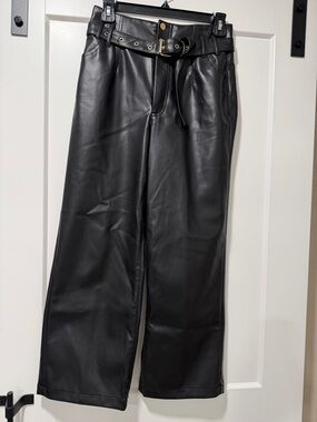 Black Faux Leather Wide-Leg ladies Pants with Belt